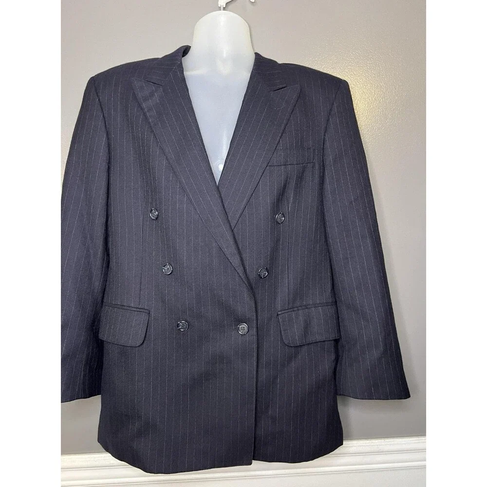 Christopher Brooks Suit Jacket Mens 41R Blue Pinstripe Double Breasted Wool